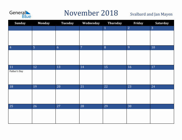 November 2018 Svalbard and Jan Mayen Calendar (Sunday Start)