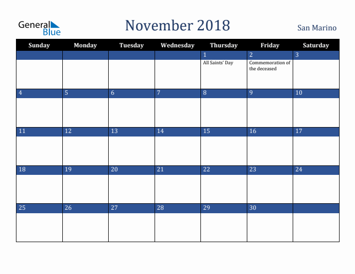 November 2018 San Marino Calendar (Sunday Start)