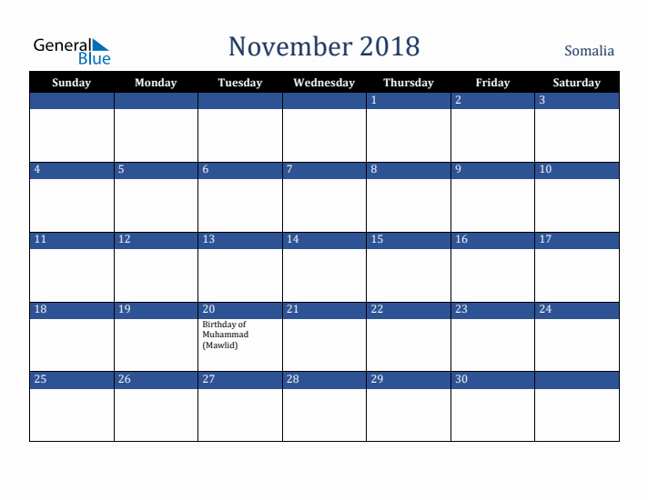 November 2018 Somalia Calendar (Sunday Start)