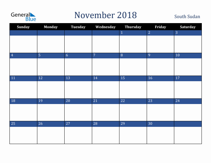 November 2018 South Sudan Calendar (Sunday Start)
