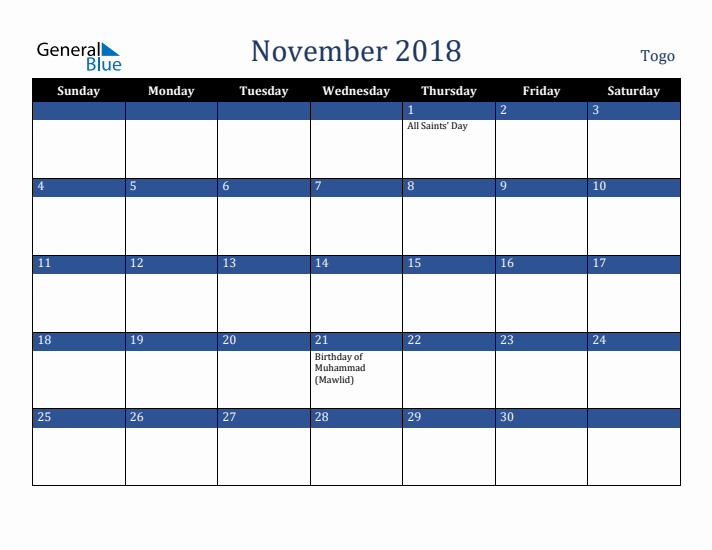 November 2018 Togo Calendar (Sunday Start)
