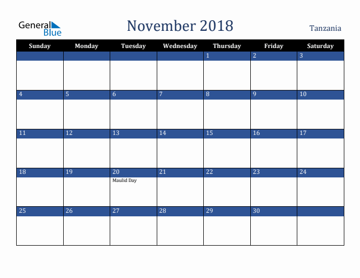 November 2018 Tanzania Calendar (Sunday Start)