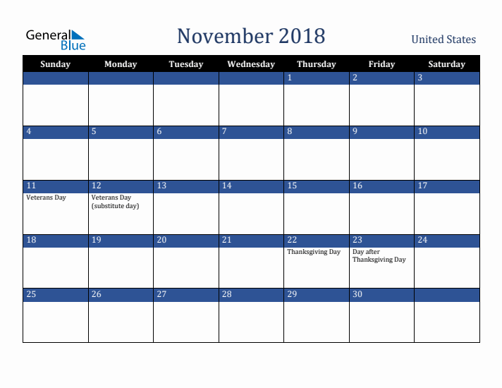 November 2018 United States Calendar (Sunday Start)