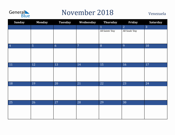November 2018 Venezuela Calendar (Sunday Start)