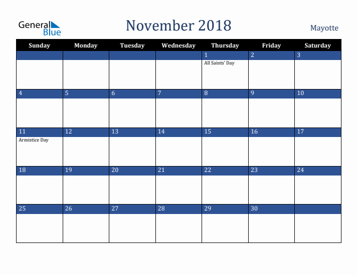 November 2018 Mayotte Calendar (Sunday Start)