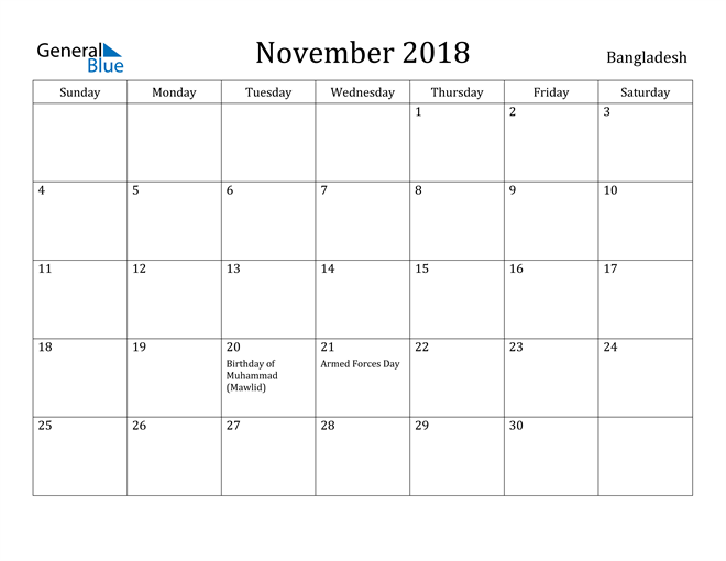 November 2018 Calendar Bangladesh