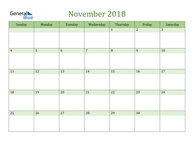  November Calendar 2018