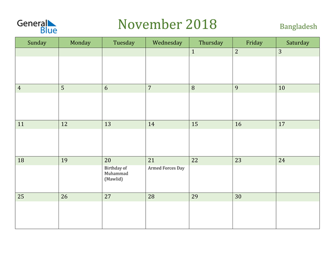 November 2018 Calendar with Bangladesh Holidays