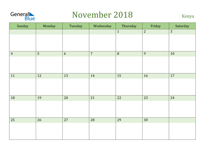 November 2018 Calendar with Kenya Holidays