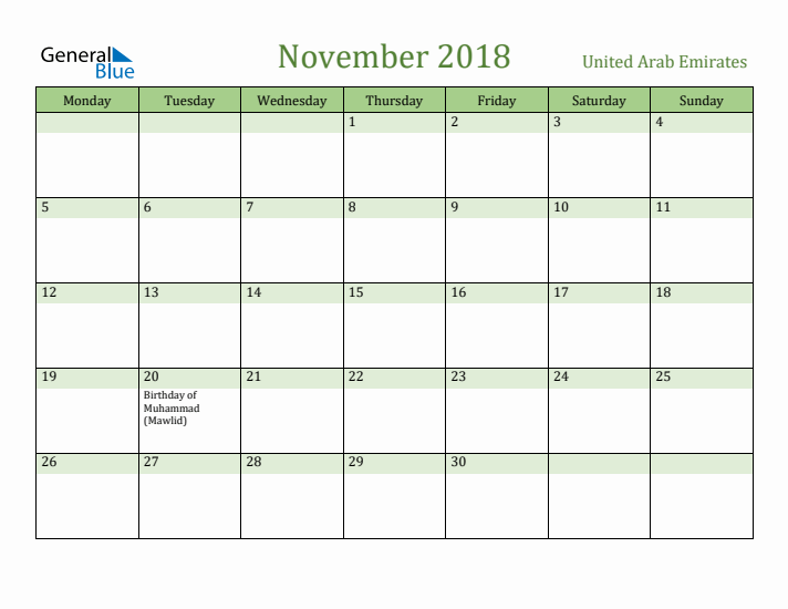 November 2018 Calendar with United Arab Emirates Holidays