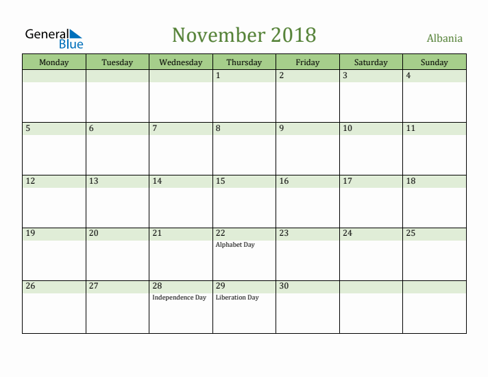 November 2018 Calendar with Albania Holidays