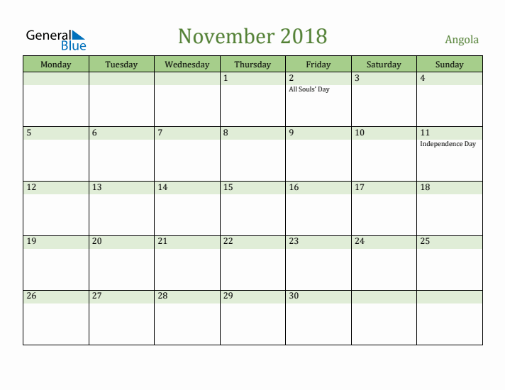 November 2018 Calendar with Angola Holidays