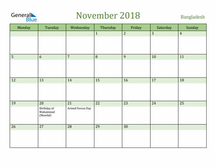 November 2018 Calendar with Bangladesh Holidays