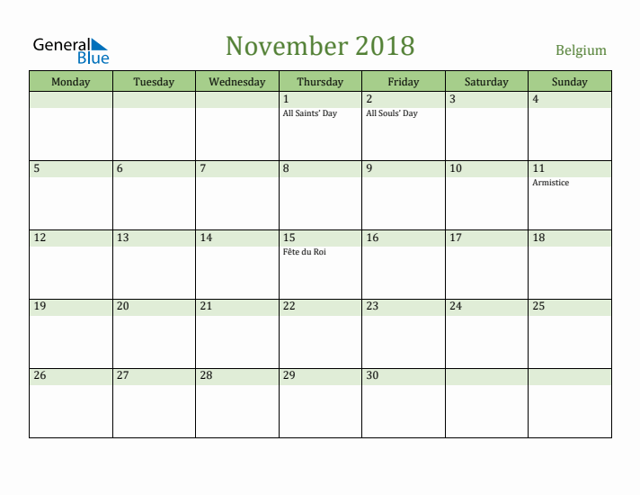 November 2018 Calendar with Belgium Holidays