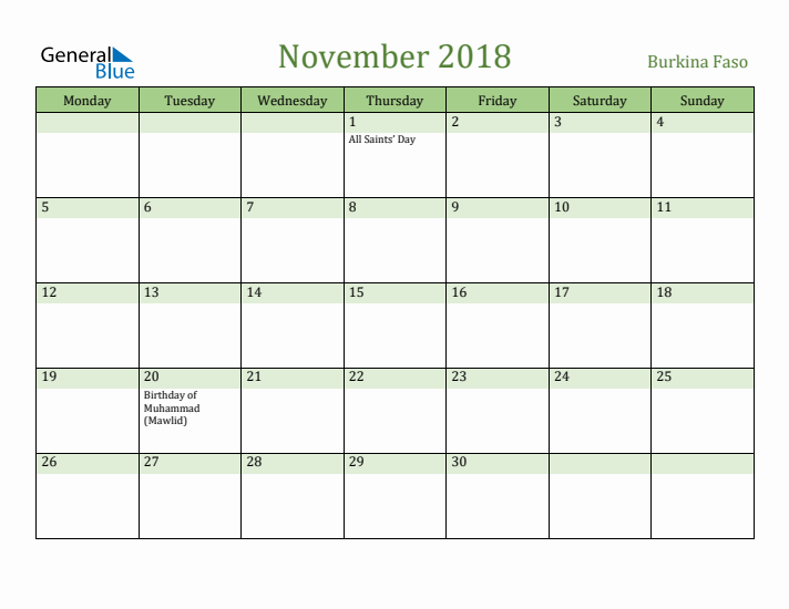 November 2018 Calendar with Burkina Faso Holidays