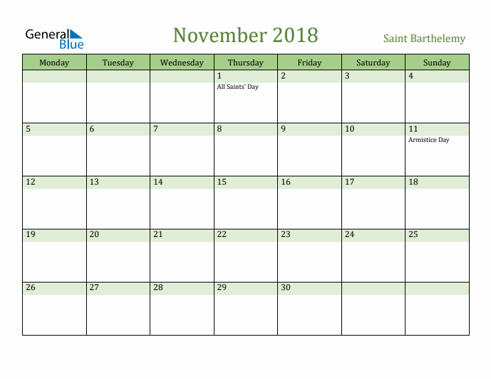 November 2018 Calendar with Saint Barthelemy Holidays