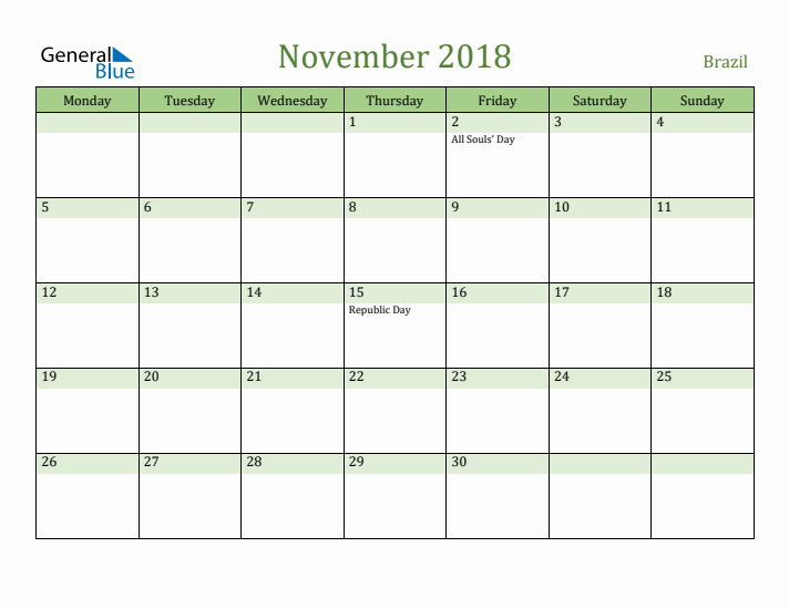 November 2018 Calendar with Brazil Holidays