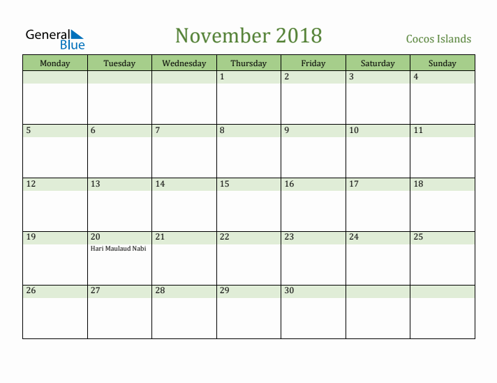 November 2018 Calendar with Cocos Islands Holidays