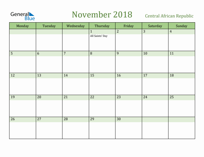 November 2018 Calendar with Central African Republic Holidays
