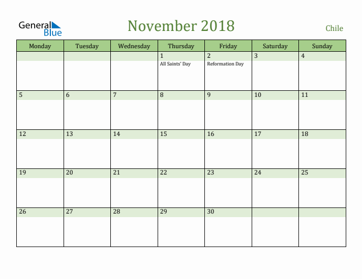 November 2018 Calendar with Chile Holidays