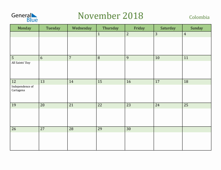 November 2018 Calendar with Colombia Holidays