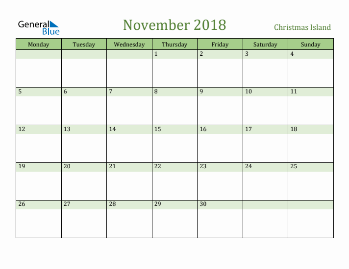 November 2018 Calendar with Christmas Island Holidays