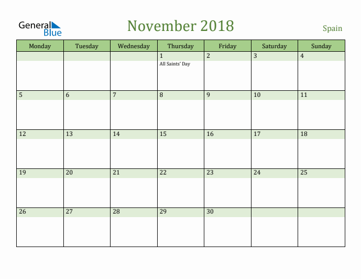 November 2018 Calendar with Spain Holidays