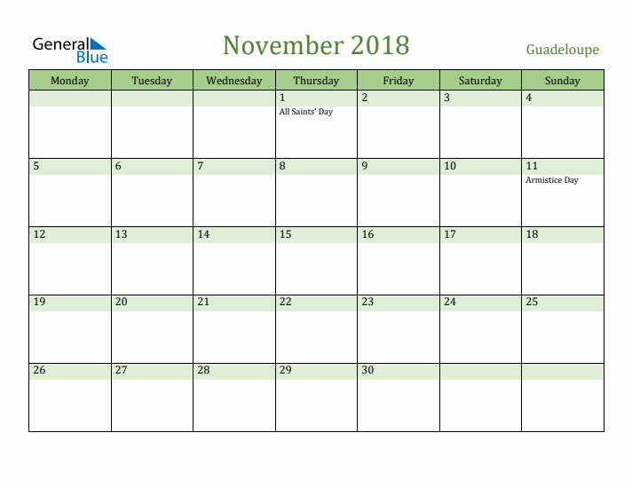 November 2018 Calendar with Guadeloupe Holidays