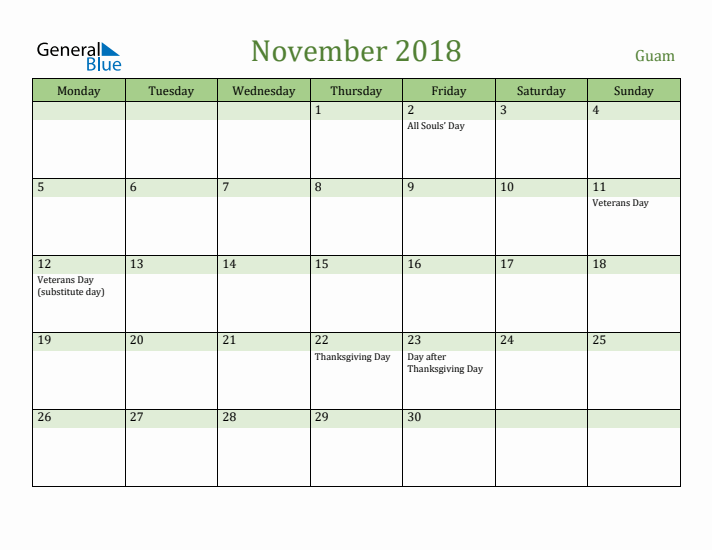 November 2018 Calendar with Guam Holidays