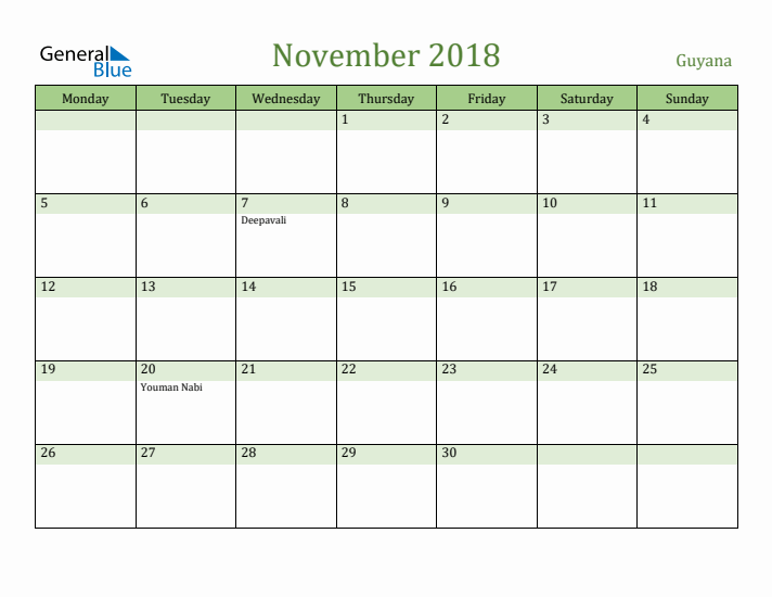 November 2018 Calendar with Guyana Holidays
