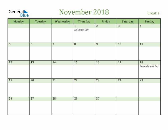November 2018 Calendar with Croatia Holidays