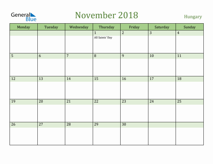 November 2018 Calendar with Hungary Holidays