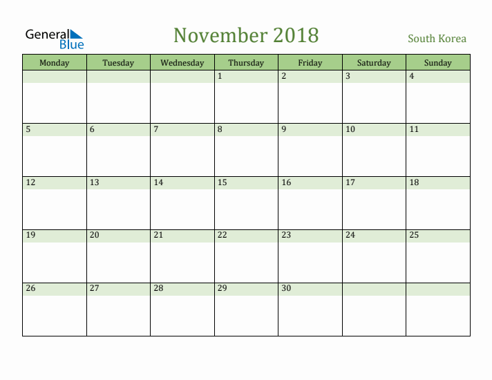 November 2018 Calendar with South Korea Holidays