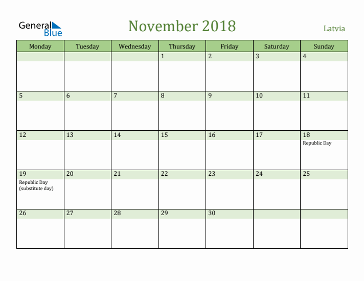 November 2018 Calendar with Latvia Holidays