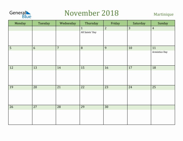 November 2018 Calendar with Martinique Holidays
