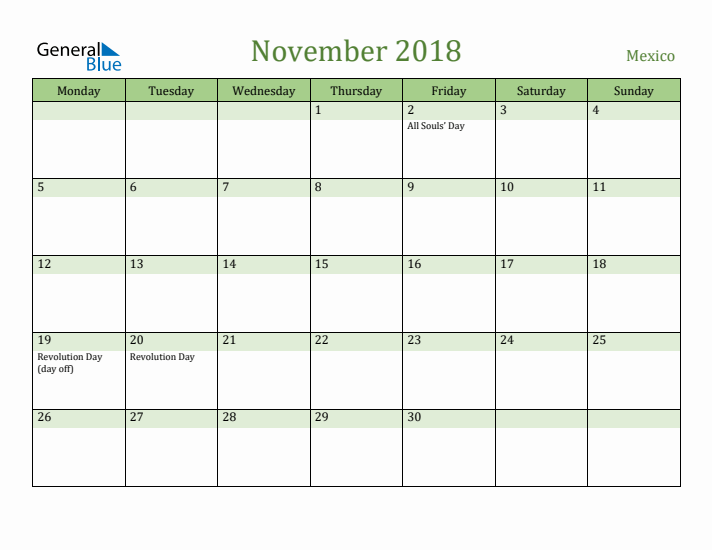 November 2018 Calendar with Mexico Holidays