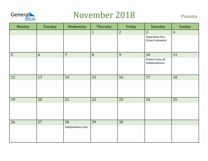 November 2018 Calendar with Panama Holidays