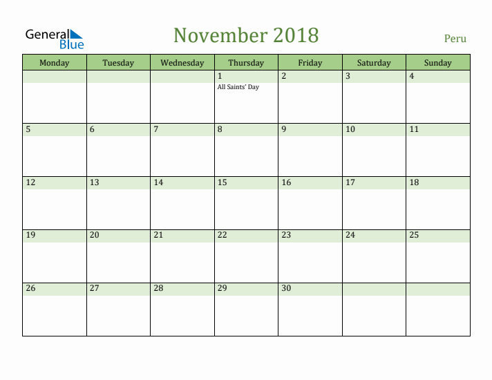 November 2018 Calendar with Peru Holidays