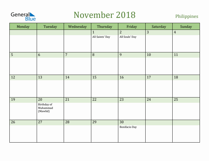November 2018 Calendar with Philippines Holidays