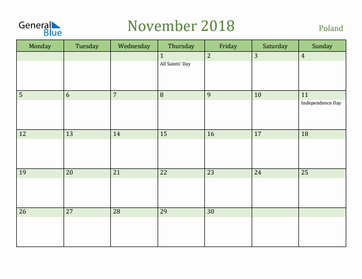 November 2018 Calendar with Poland Holidays