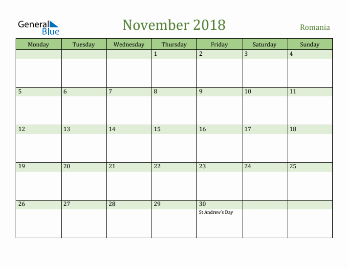 November 2018 Calendar with Romania Holidays