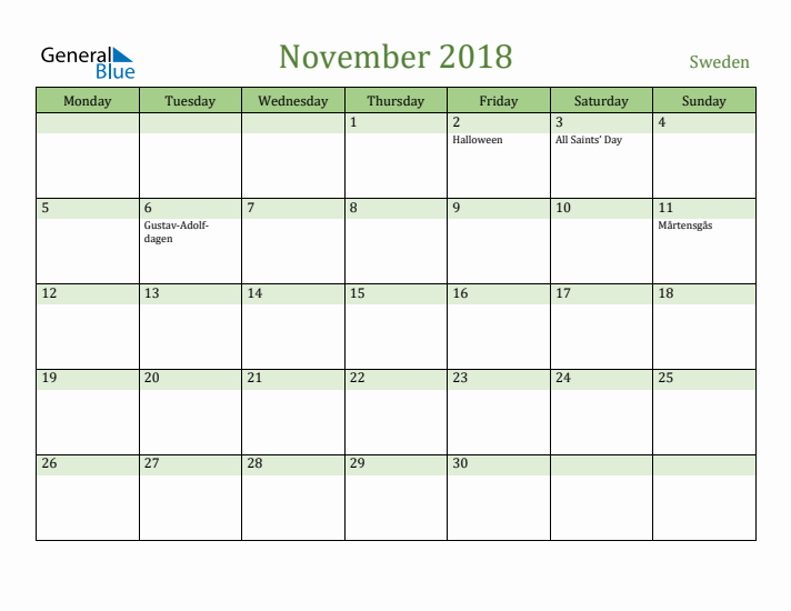 November 2018 Calendar with Sweden Holidays