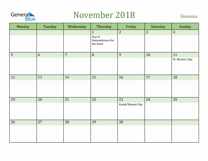 November 2018 Calendar with Slovenia Holidays