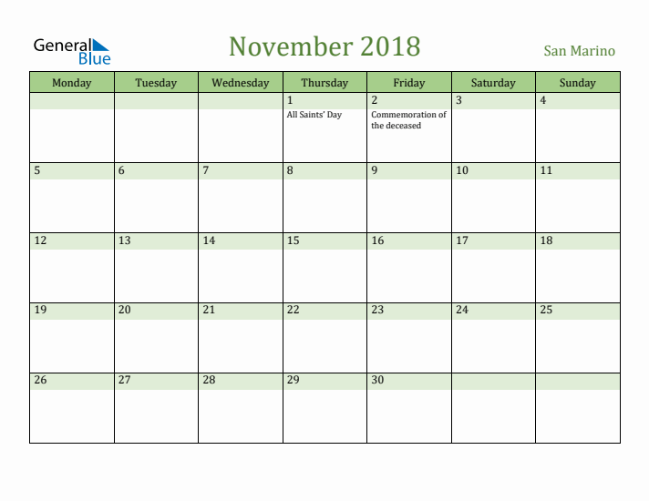 November 2018 Calendar with San Marino Holidays