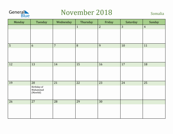 November 2018 Calendar with Somalia Holidays