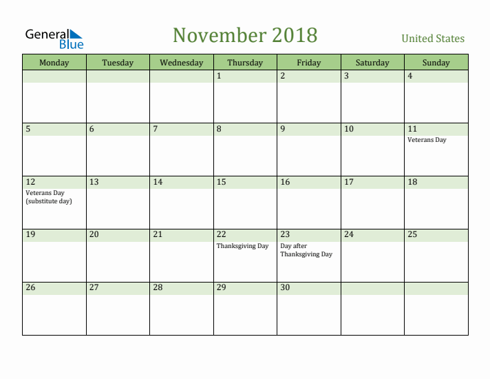 November 2018 Calendar with United States Holidays
