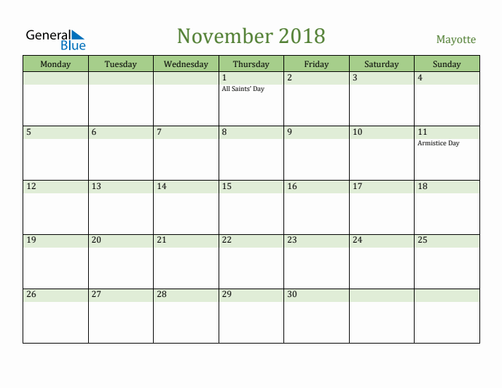 November 2018 Calendar with Mayotte Holidays