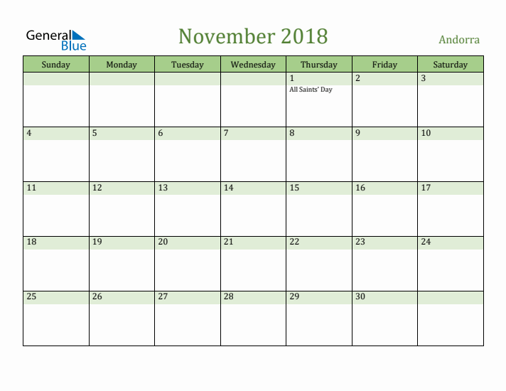 November 2018 Calendar with Andorra Holidays