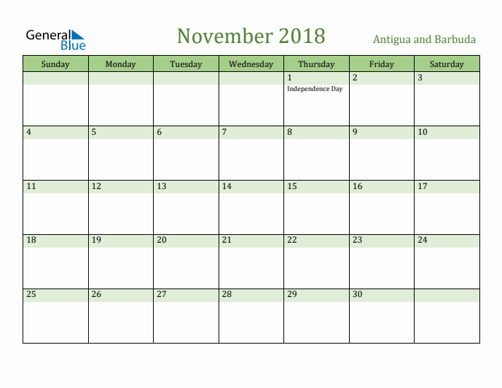 November 2018 Calendar with Antigua and Barbuda Holidays