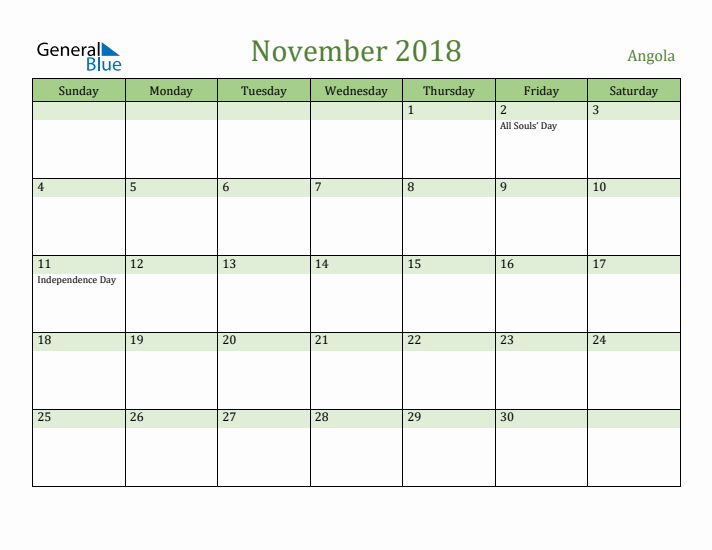 November 2018 Calendar with Angola Holidays